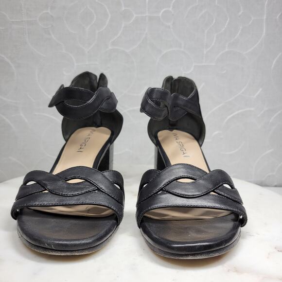 VTG Via Spiga Janel Heels Womens 7 Black Leather Chunky Twisted Strap Block Heel - Picture 5 of 16